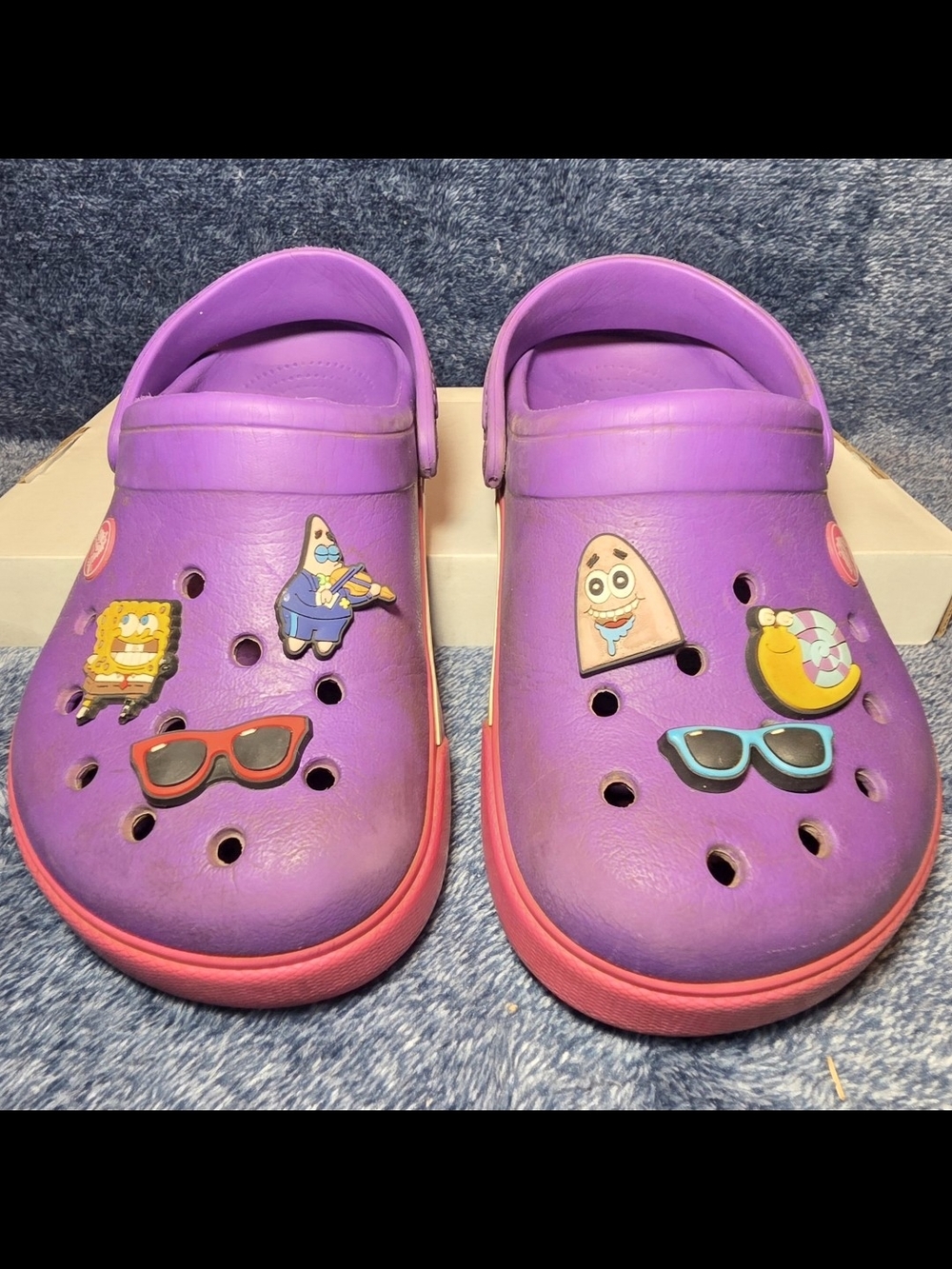 CROCS Kids Purple Clogs with Pink Soles and Spongebob Jibbitz